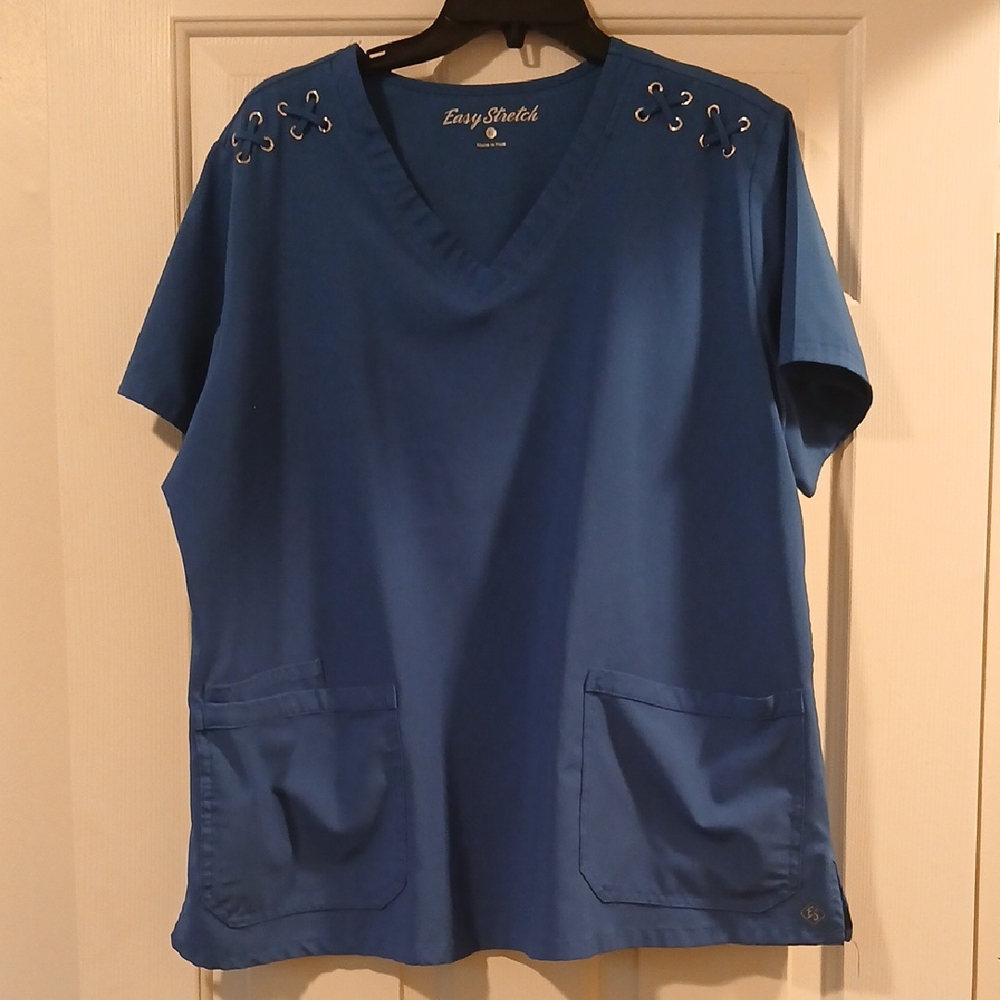 Adorable Blue Scrub Top with Lace Detail On Shoulders